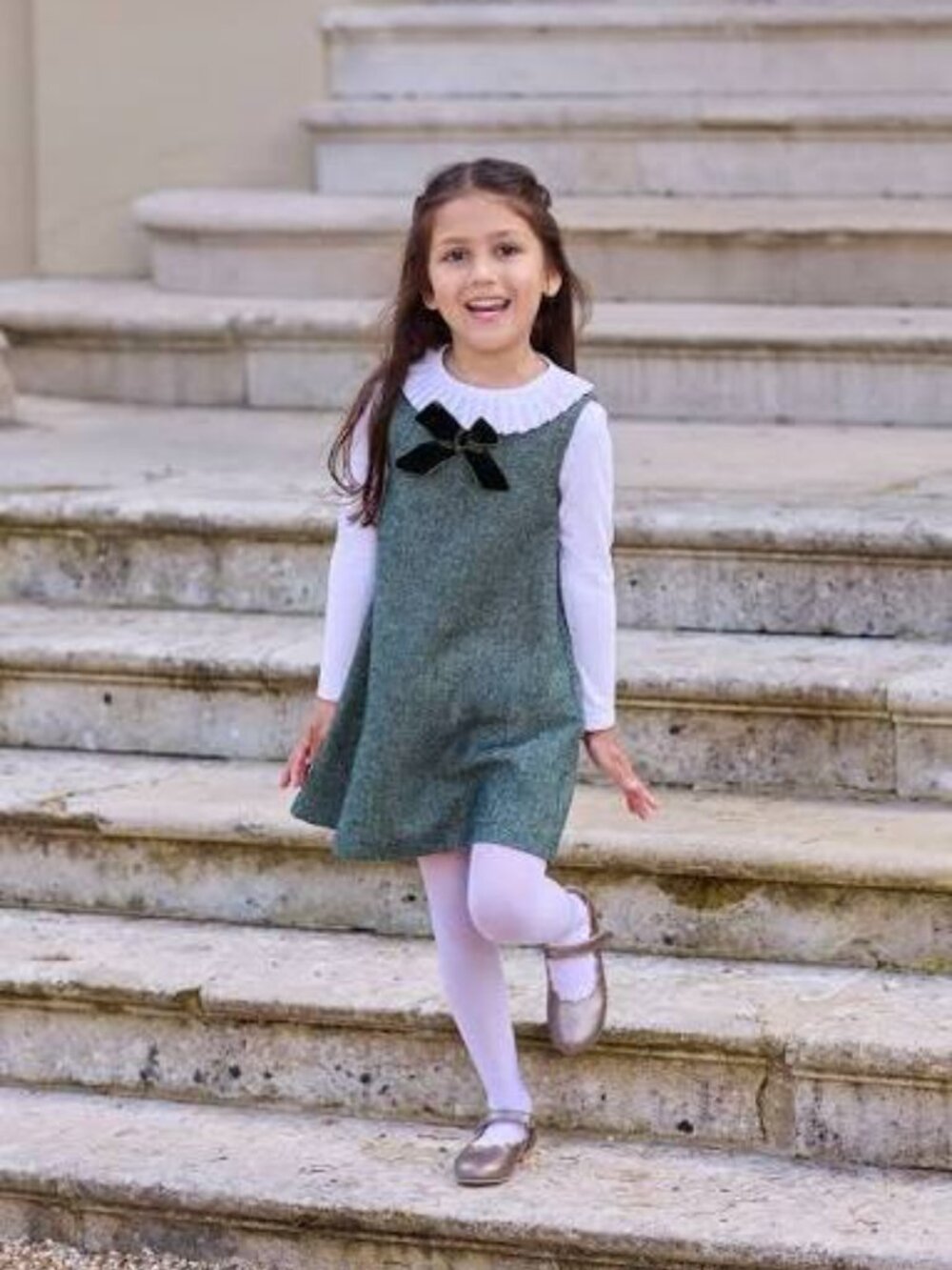 Trotters London green Herringbone Georgina Bow Dress 8y 8T sleeveless  configure